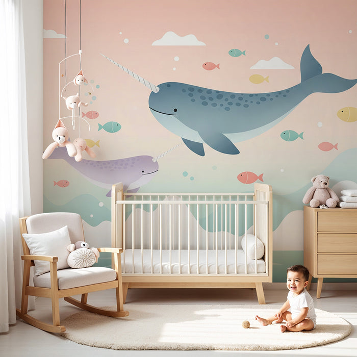 Papier peint chambre bébé | Narvals et poissons colorés dans un océan apaisant