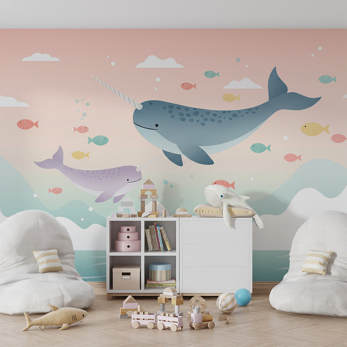 Papier peint chambre bébé | Narvals et poissons colorés dans un océan apaisant
