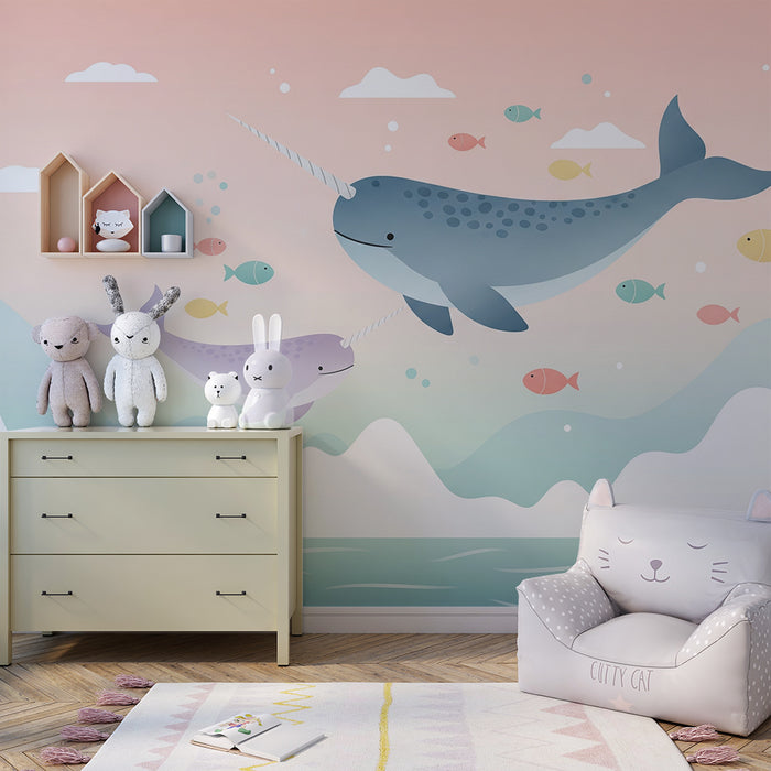 Papier peint chambre bébé | Narvals et poissons colorés dans un océan apaisant