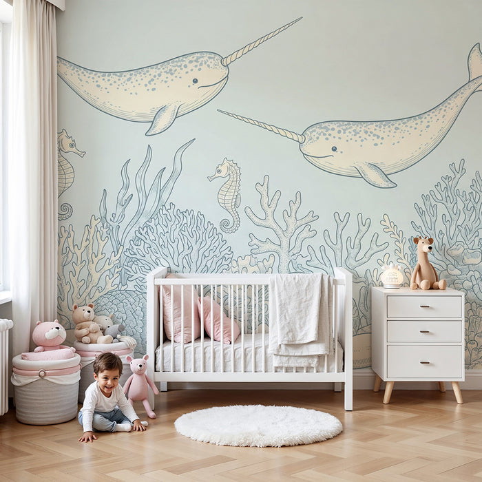 Papier peint chambre bébé | Narvals joyeux et coraux sous-marins