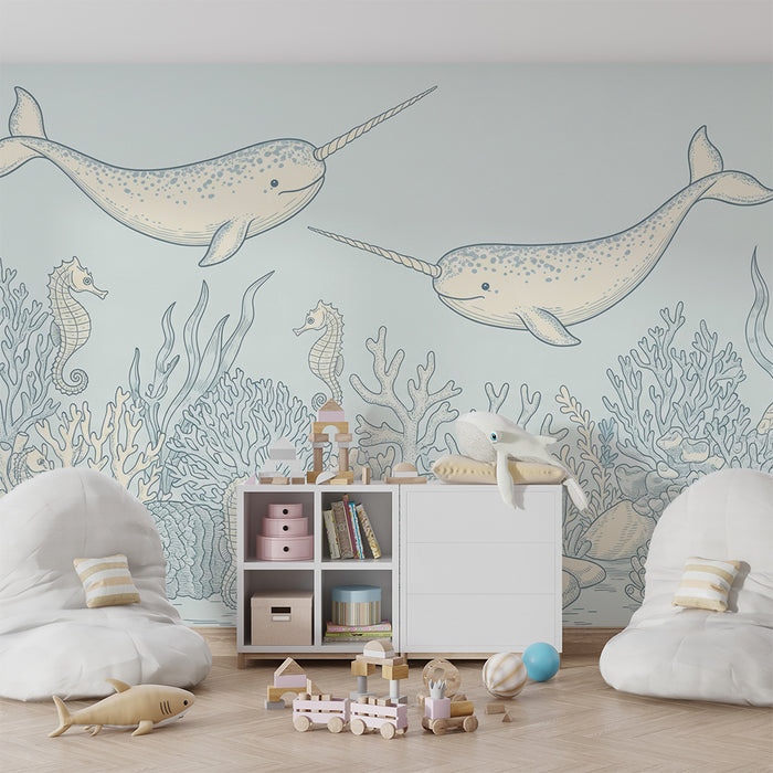 Papier peint chambre bébé | Narvals joyeux et coraux sous-marins