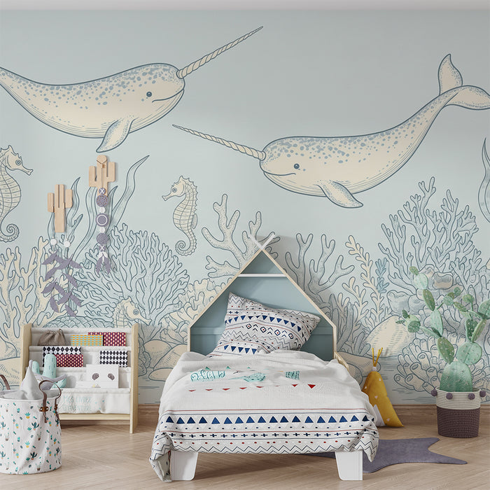 Papier peint chambre bébé | Narvals joyeux et coraux sous-marins