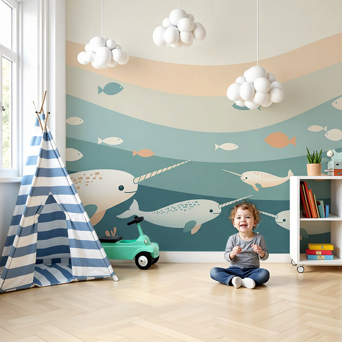 Papier peint chambre bébé | Narvals joyeux et poissons colorés dans un océan apaisant