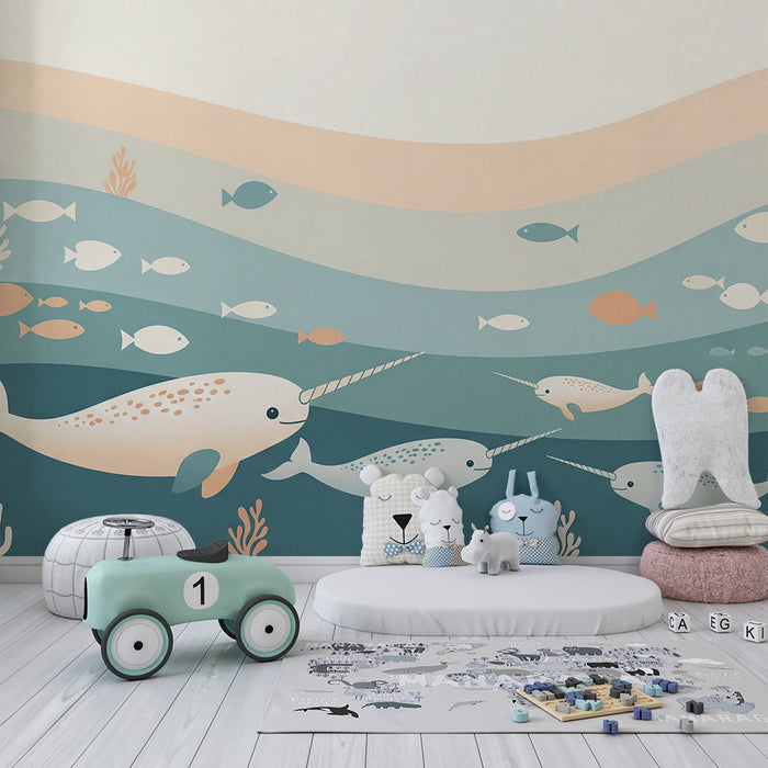 Papier peint chambre bébé | Narvals joyeux et poissons colorés dans un océan apaisant