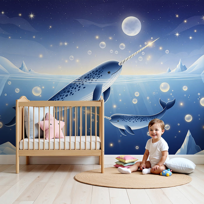 Papel pintado para habitación de bebé | Narvales bajo las estrellas y icebergs brillantes