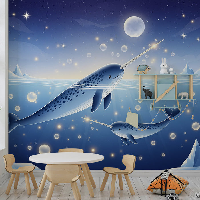 Papel pintado para habitación de bebé | Narvales bajo las estrellas y icebergs brillantes