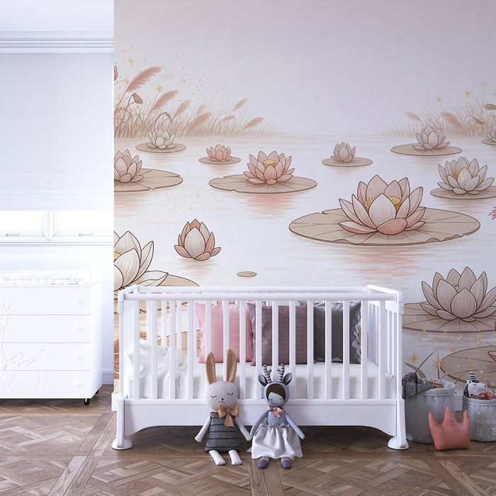Babykamer behang | Delicate waterlelies op een rustig meer