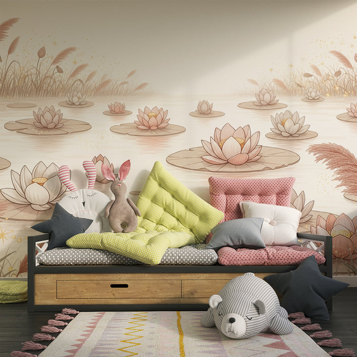 Babykamer behang | Delicate waterlelies op een rustig meer