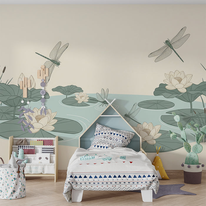 Papier peint chambre bébé | Nénuphars et libellules dans un décor aquatique apaisant
