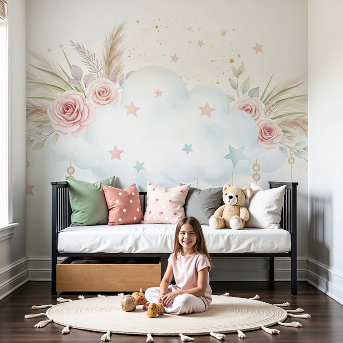 Lastenhuoneen tapetti | Lempeä pilvi ruusujen ja kimaltelevien tähtien kanssa