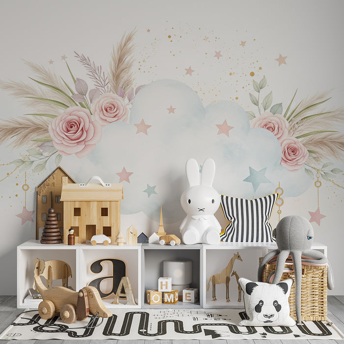 Lastenhuoneen tapetti | Lempeä pilvi ruusujen ja kimaltelevien tähtien kanssa