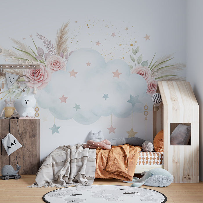 Lastenhuoneen tapetti | Lempeä pilvi ruusujen ja kimaltelevien tähtien kanssa