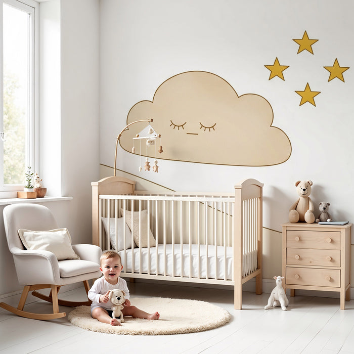 Papel de parede quarto bebê | Nuvem adormecida e estrelas douradas