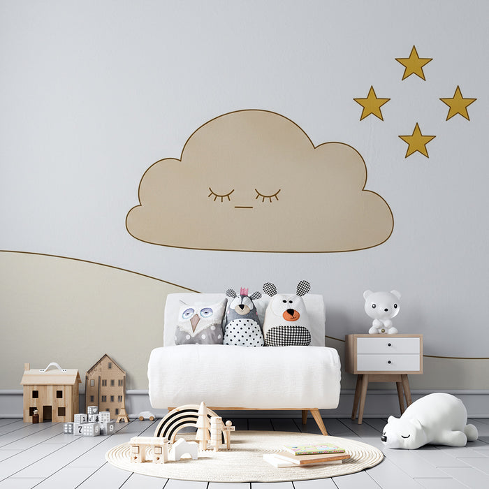 Papel de parede quarto bebê | Nuvem adormecida e estrelas douradas