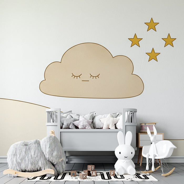 Papel de parede quarto bebê | Nuvem adormecida e estrelas douradas