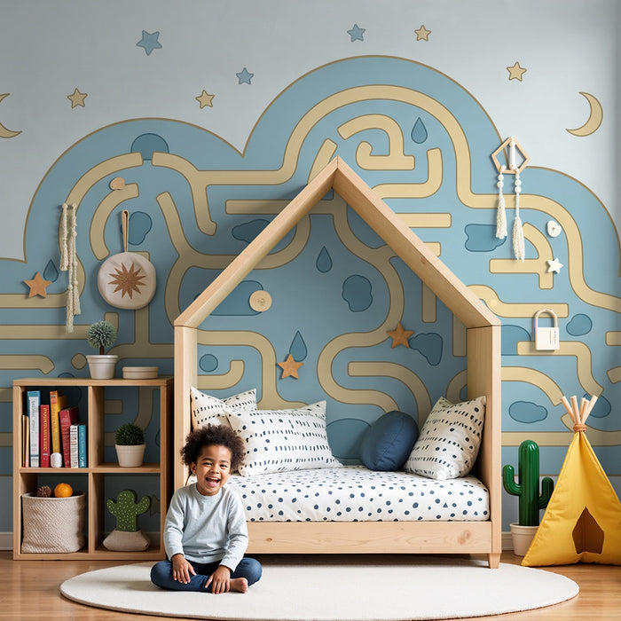Babykamer behang | Labyrintische wolk met sterren en regendruppels