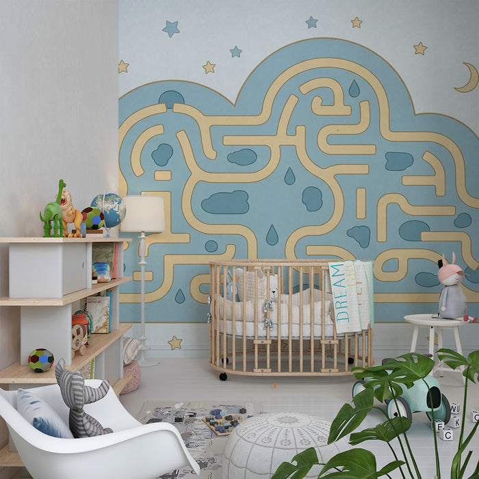 Babykamer behang | Labyrintische wolk met sterren en regendruppels
