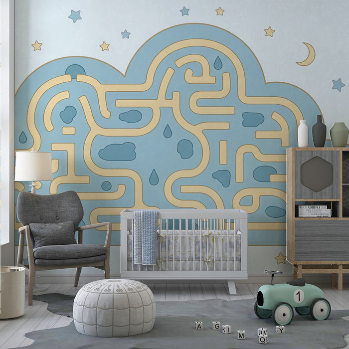 Babykamer behang | Labyrintische wolk met sterren en regendruppels