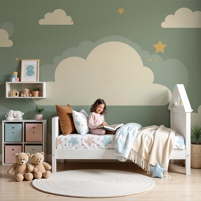 Papel de parede quarto bebê | Nuvens bege em fundo verde sálvia e estrelas brilhantes