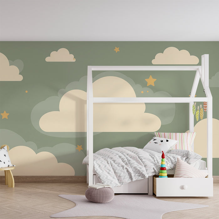 Papel de parede quarto bebê | Nuvens bege em fundo verde sálvia e estrelas brilhantes