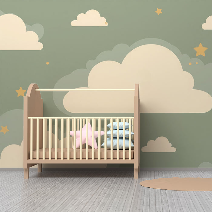 Papel de parede quarto bebê | Nuvens bege em fundo verde sálvia e estrelas brilhantes