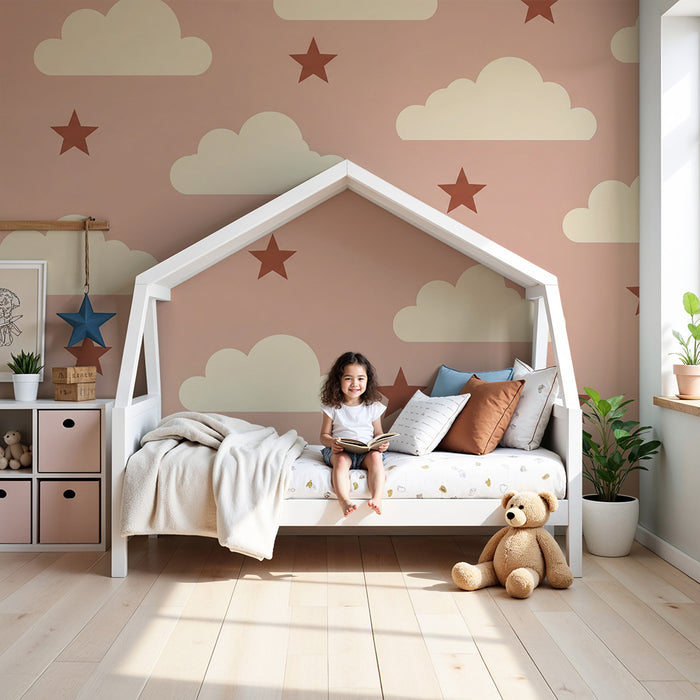 Babyzimmer Tapete | Beige Wolken und Sterne auf rosa Hintergrund