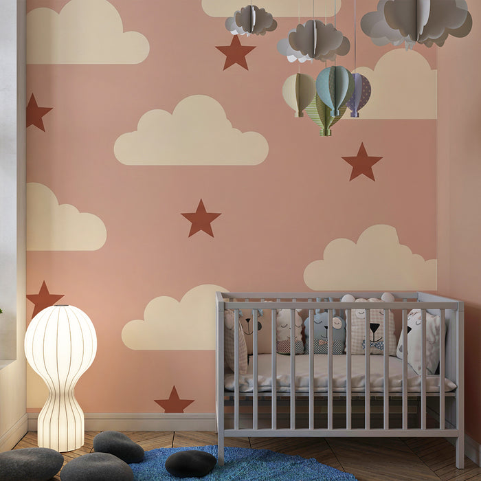 Babyzimmer Tapete | Beige Wolken und Sterne auf rosa Hintergrund