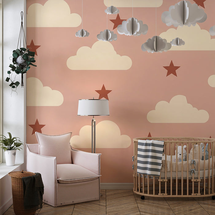 Babyzimmer Tapete | Beige Wolken und Sterne auf rosa Hintergrund
