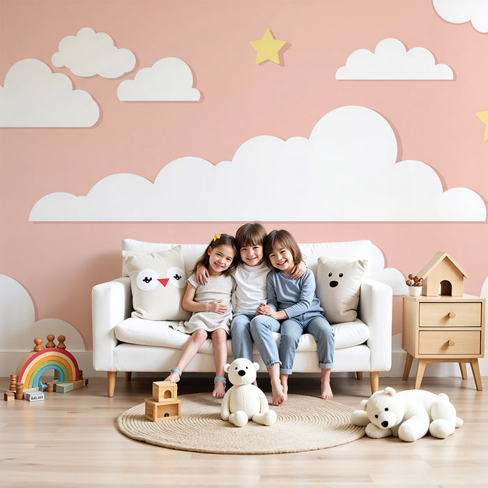 Papel de parede quarto bebê | Nuvens brancas e estrelas amarelas em fundo rosa