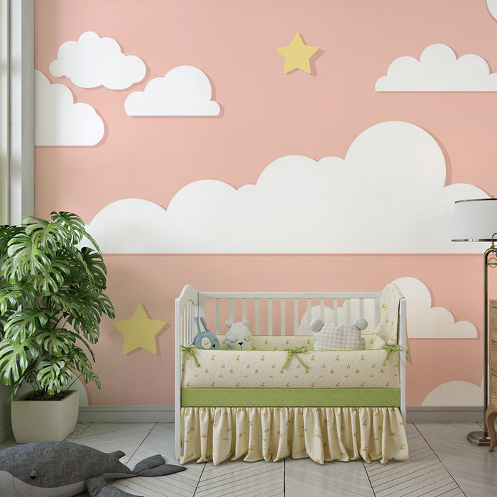 Papel de parede quarto bebê | Nuvens brancas e estrelas amarelas em fundo rosa
