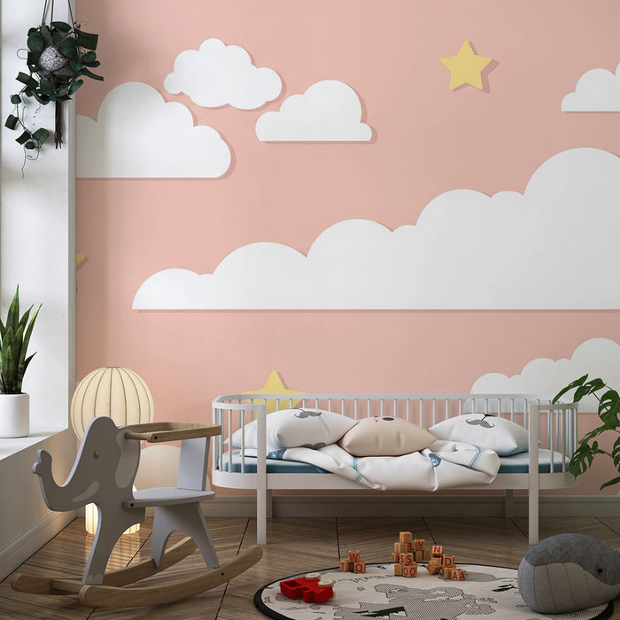 Papel de parede quarto bebê | Nuvens brancas e estrelas amarelas em fundo rosa