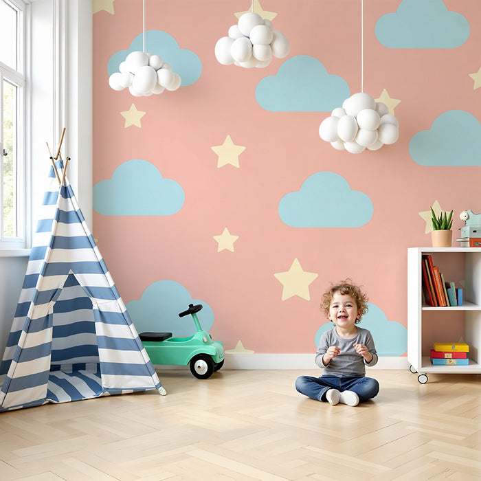 Papel de parede quarto bebê | Nuvens azuis e estrelas em fundo rosa