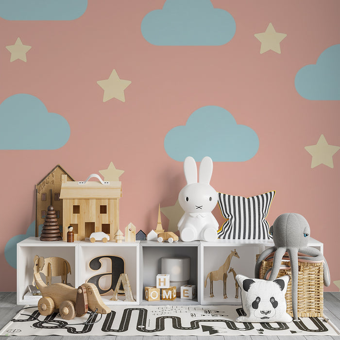 Papel de parede quarto bebê | Nuvens azuis e estrelas em fundo rosa