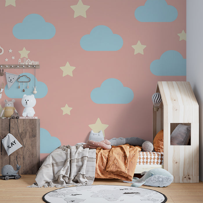 Papel de parede quarto bebê | Nuvens azuis e estrelas em fundo rosa