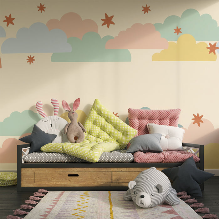 Papel de parede quarto bebê | Nuvens coloridas e arco-íris