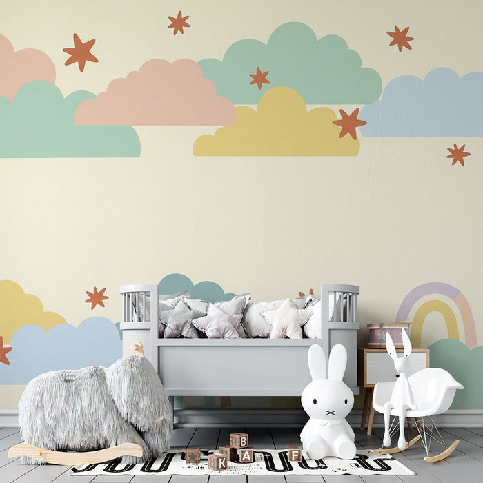 Papel de parede quarto bebê | Nuvens coloridas e arco-íris