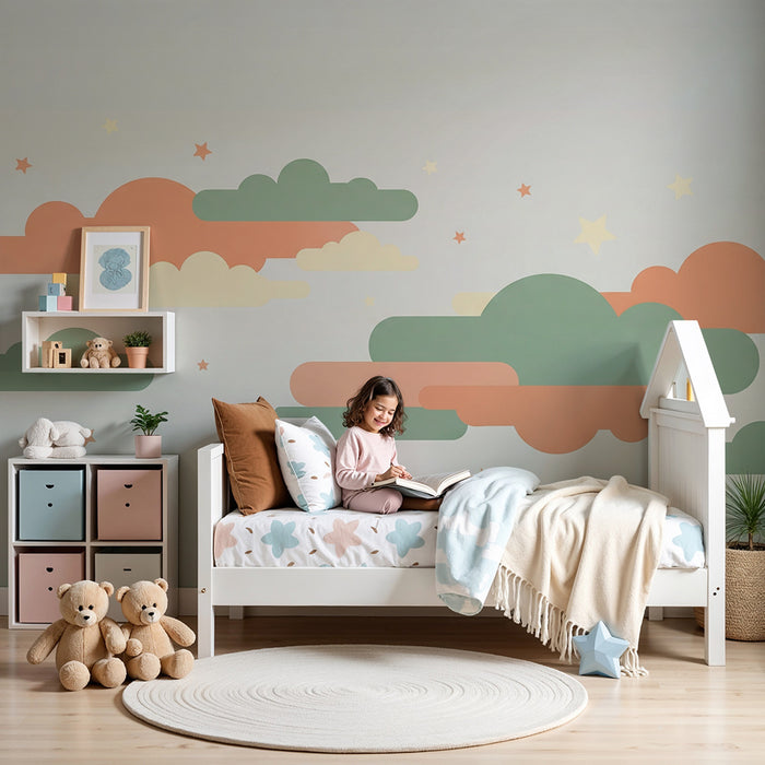 Tapet za detska staia | Tsvetni oblatsi i miyki zvezdi za spokoeno nebe