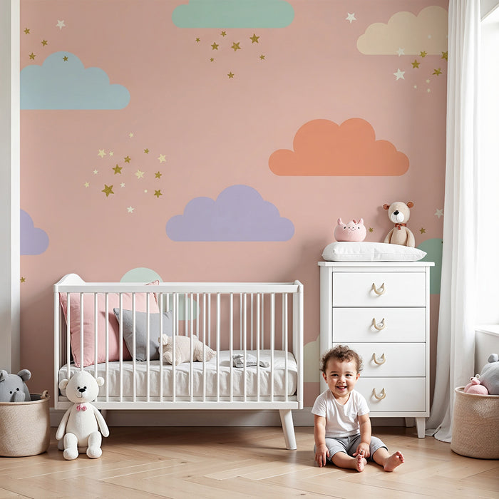 Papel de parede quarto bebê | Nuvens coloridas e estrelas brilhantes em fundo rosa