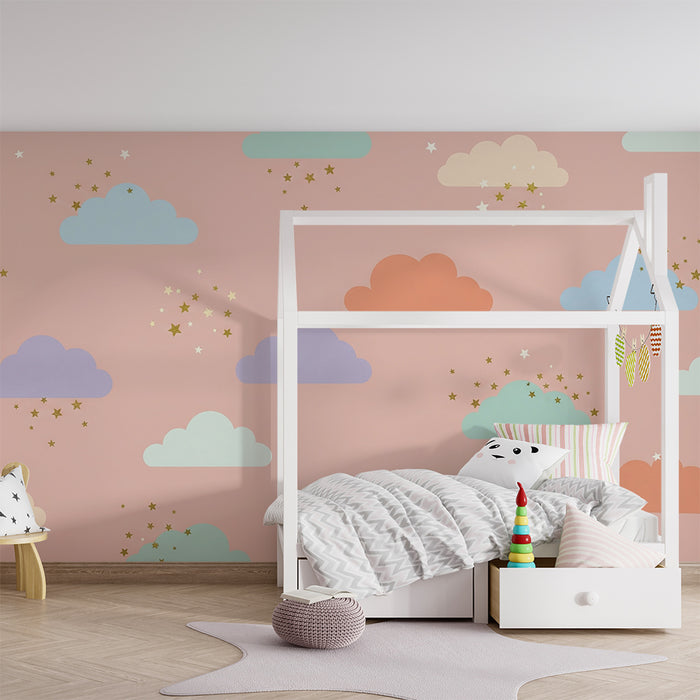 Papel de parede quarto bebê | Nuvens coloridas e estrelas brilhantes em fundo rosa