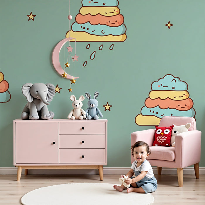 Papier peint chambre bébé | Nuages colorés et étoiles souriantes pour une ambiance joyeuse