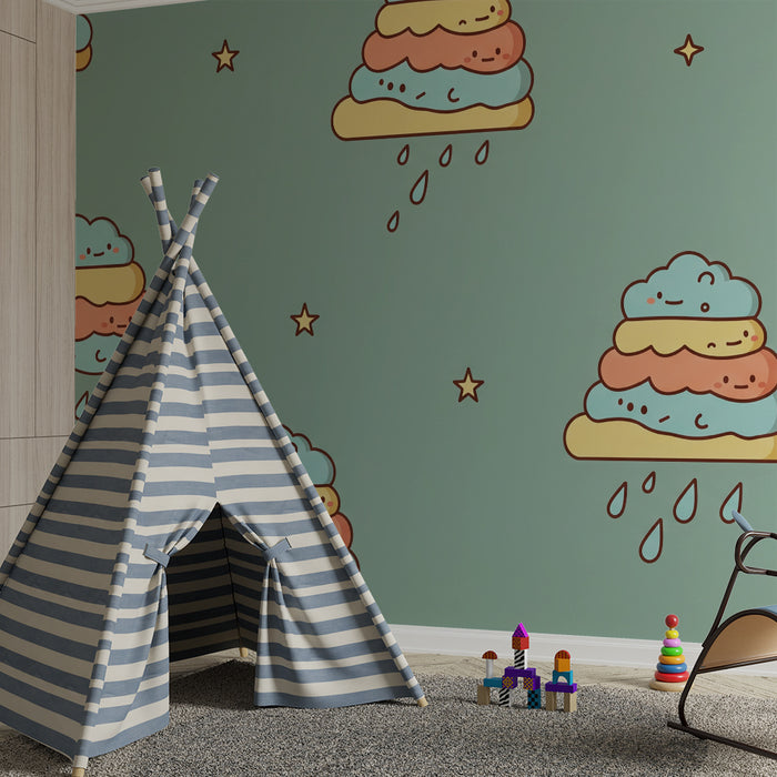 Papier peint chambre bébé | Nuages colorés et étoiles souriantes pour une ambiance joyeuse