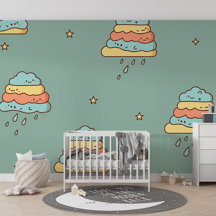 Papier peint chambre bébé | Nuages colorés et étoiles souriantes pour une ambiance joyeuse