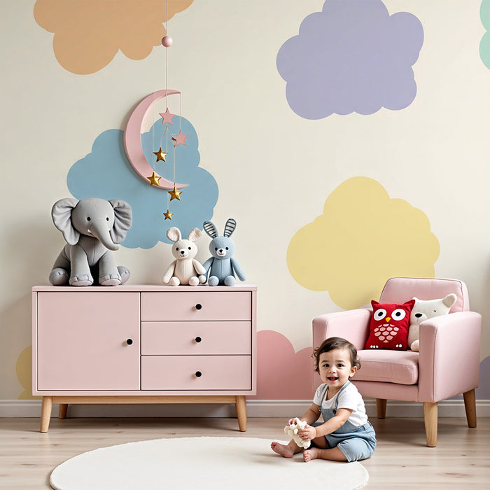 Papel de parede para quarto de bebé | Nuvens coloridas sobre fundo suave