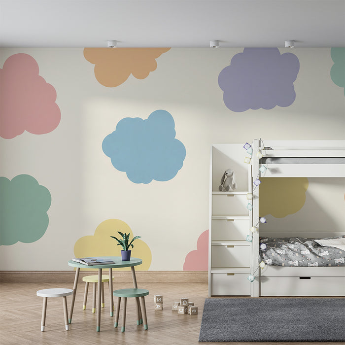 Papel de parede para quarto de bebé | Nuvens coloridas sobre fundo suave