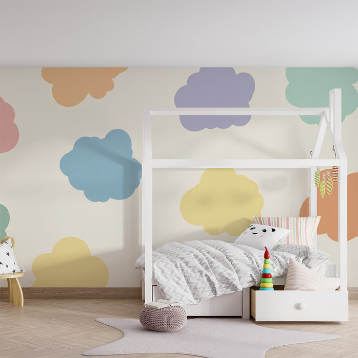 Papel de parede para quarto de bebé | Nuvens coloridas sobre fundo suave