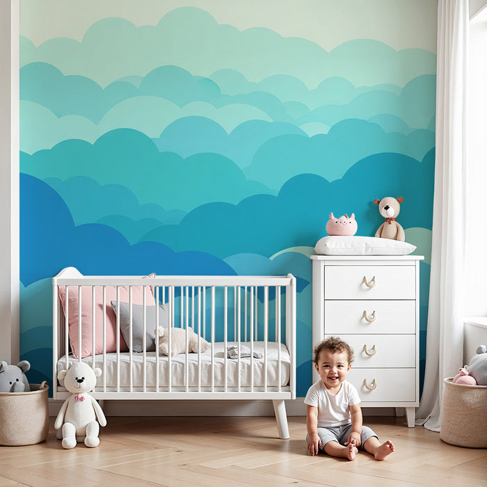 Babyzimmer-Tapete | Sanfte Wolken in beruhigenden Blautönen