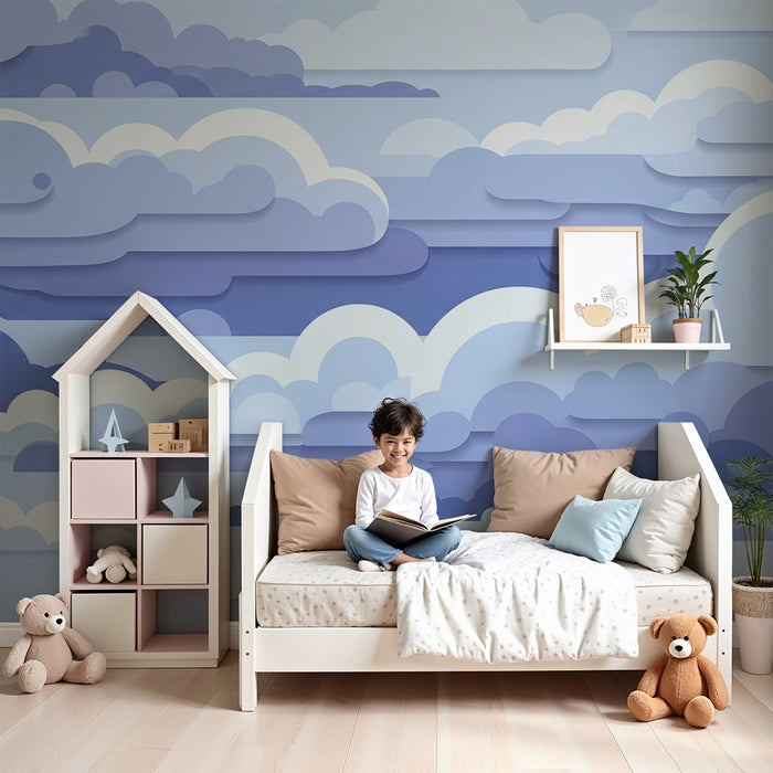 Papier peint chambre bébé | Nuages doux en dégradé de bleu et blanc
