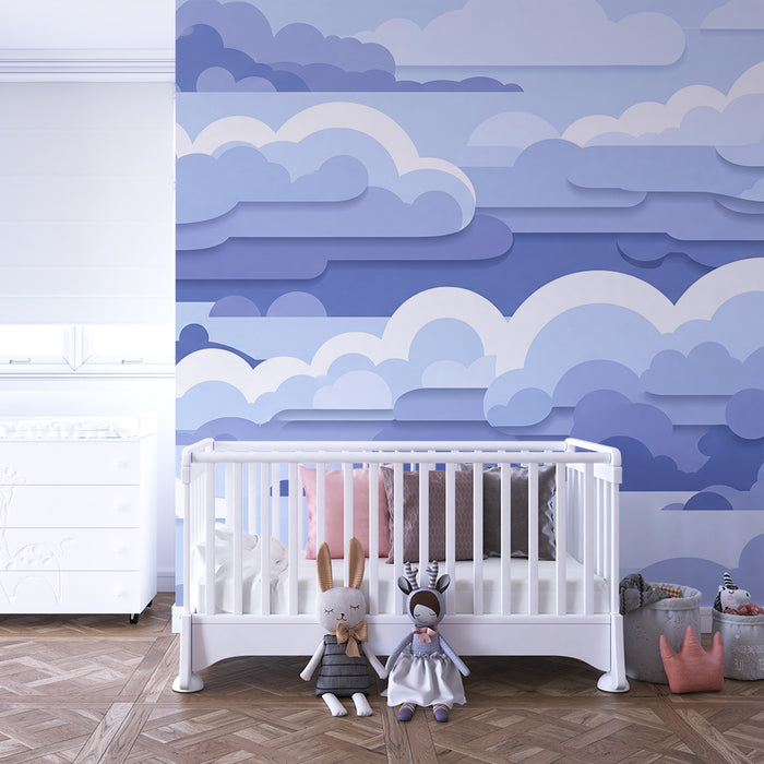 Papier peint chambre bébé | Nuages doux en dégradé de bleu et blanc