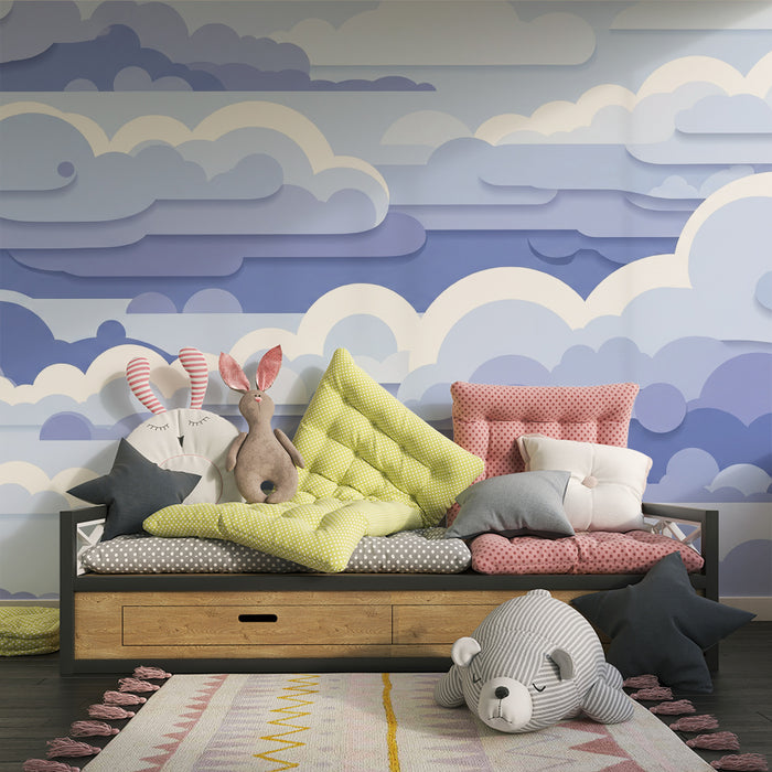 Papier peint chambre bébé | Nuages doux en dégradé de bleu et blanc