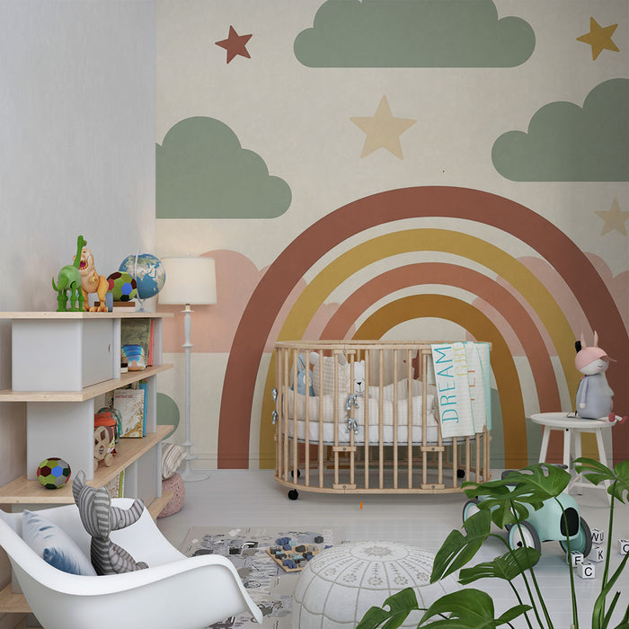 Papel de parede quarto bebê | Nuvens suaves e arco-íris colorido